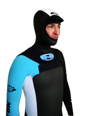 Hooded Wetsuit Close Up - Detailed view of hood and neck sealing