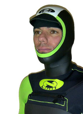 Hooded Wetsuit Head Shot - Close up view of integrated hood design